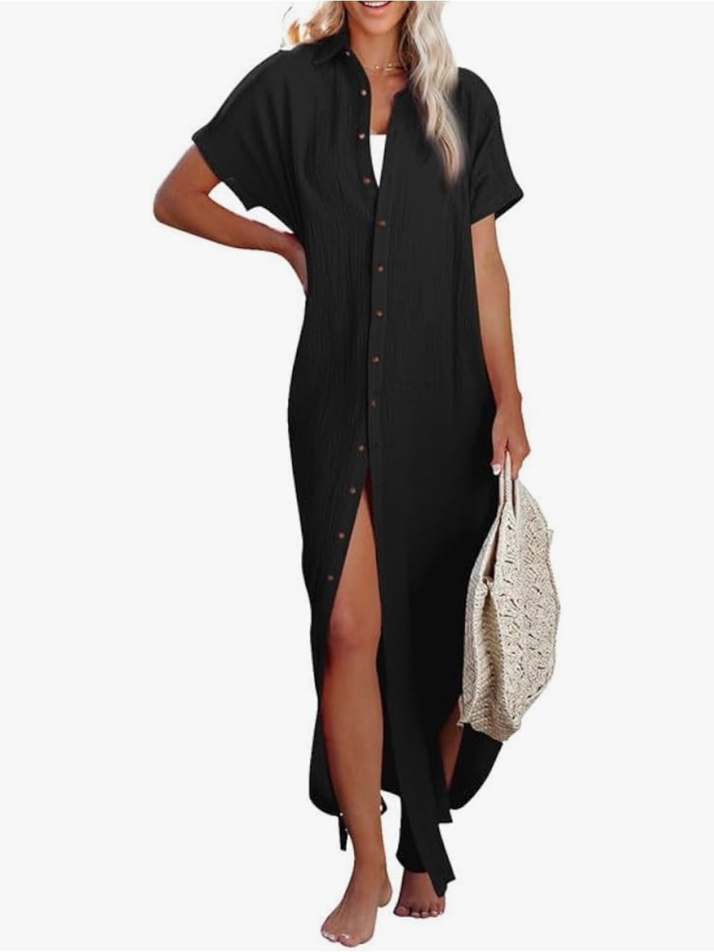 Split Button Down Long Kimonos Cardigans Swimsuit Cover Up Black S-M - Picture 4 of 8